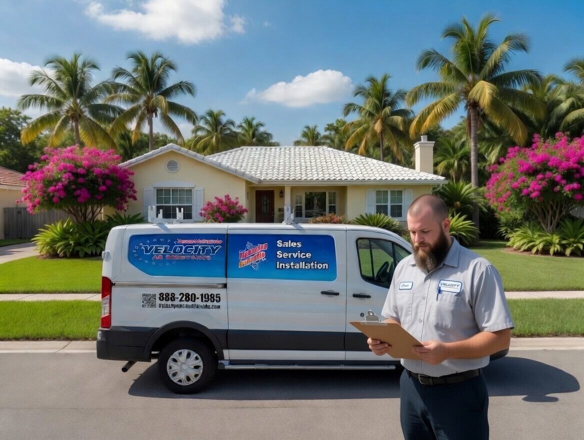 Velocity Air technician and service van at a local home
