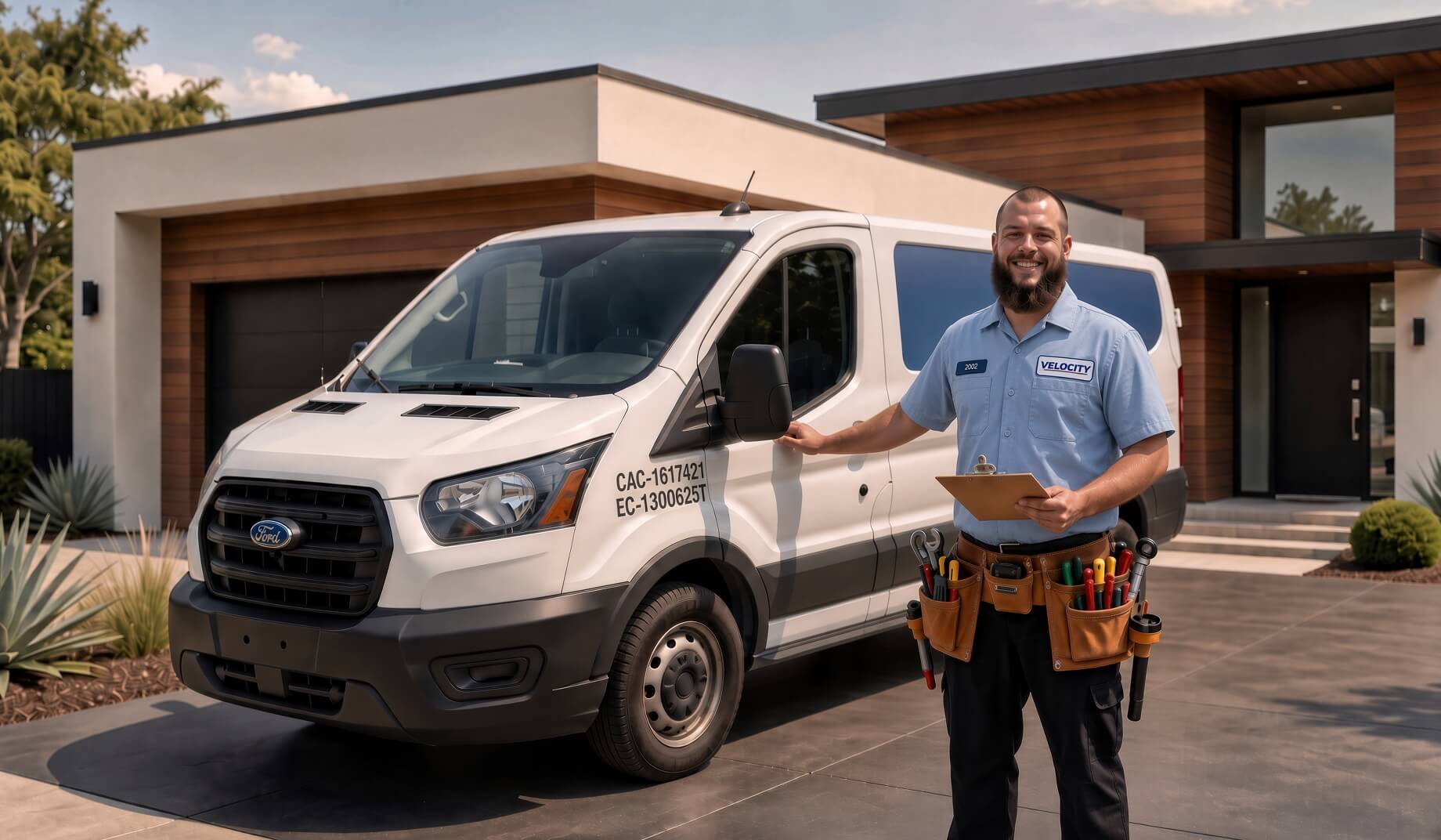 Velocity Air Conditioning technician beside a service van at a Tampa Bay home