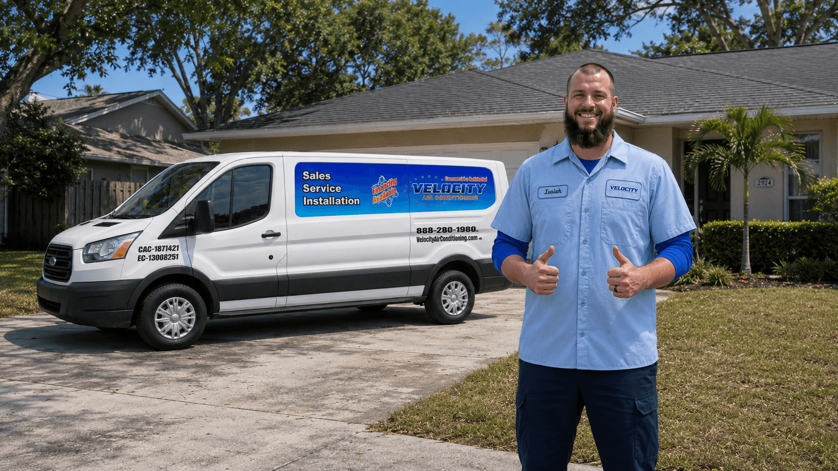 Velocity Air Conditioning technician inspecting a residential HVAC condenser in Pinellas County