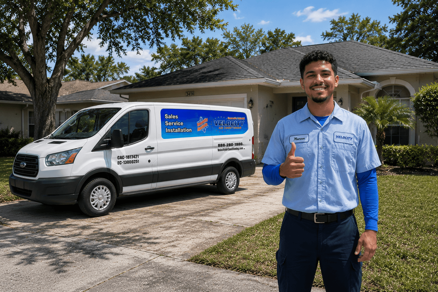 Velocity Air Conditioning technician inspecting a residential HVAC condenser in Manatee County