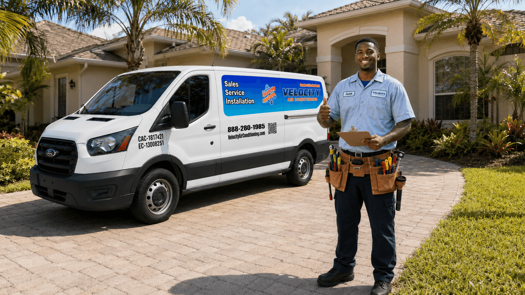 Velocity Air Conditioning technician inspecting HVAC equipment