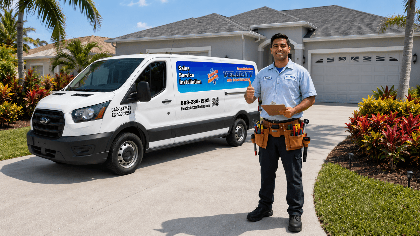 Velocity Air Conditioning technician servicing HVAC equipment in Holiday