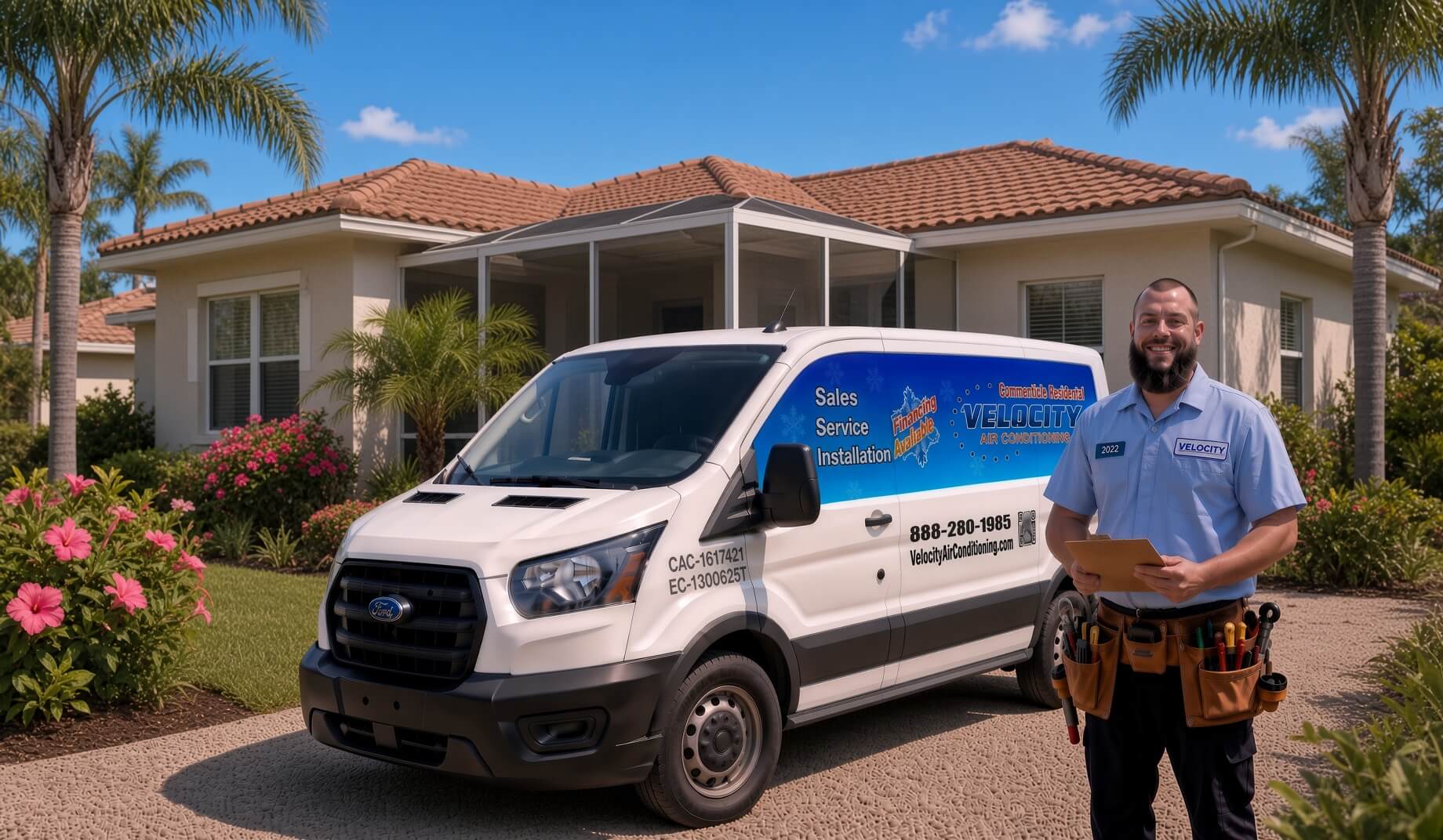 Velocity Air Conditioning technician inspecting HVAC equipment