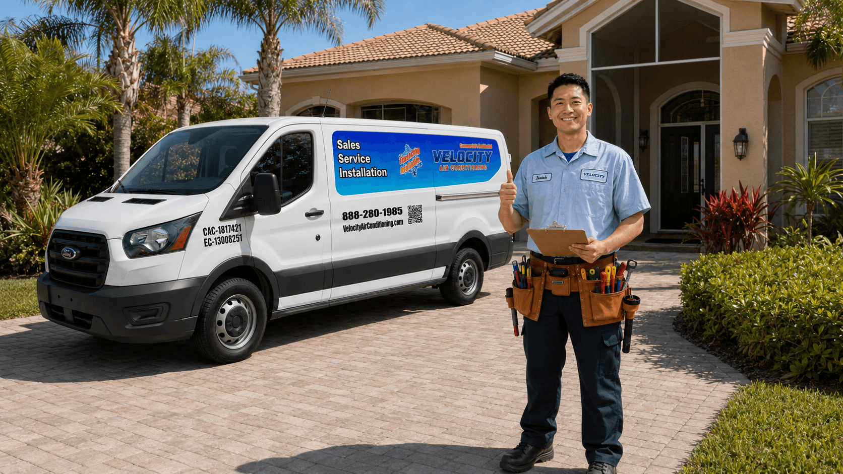 Velocity Air Conditioning technician inspecting HVAC equipment