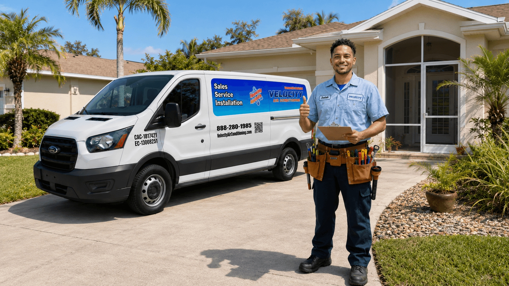 Velocity Air Conditioning technician inspecting HVAC equipment