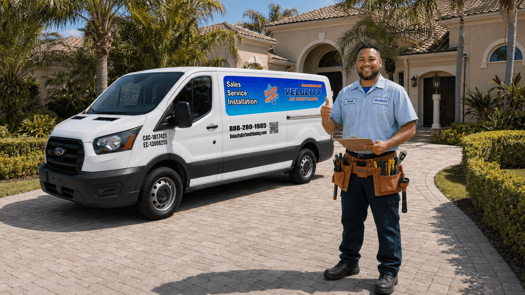 Velocity Air Conditioning technician inspecting HVAC equipment
