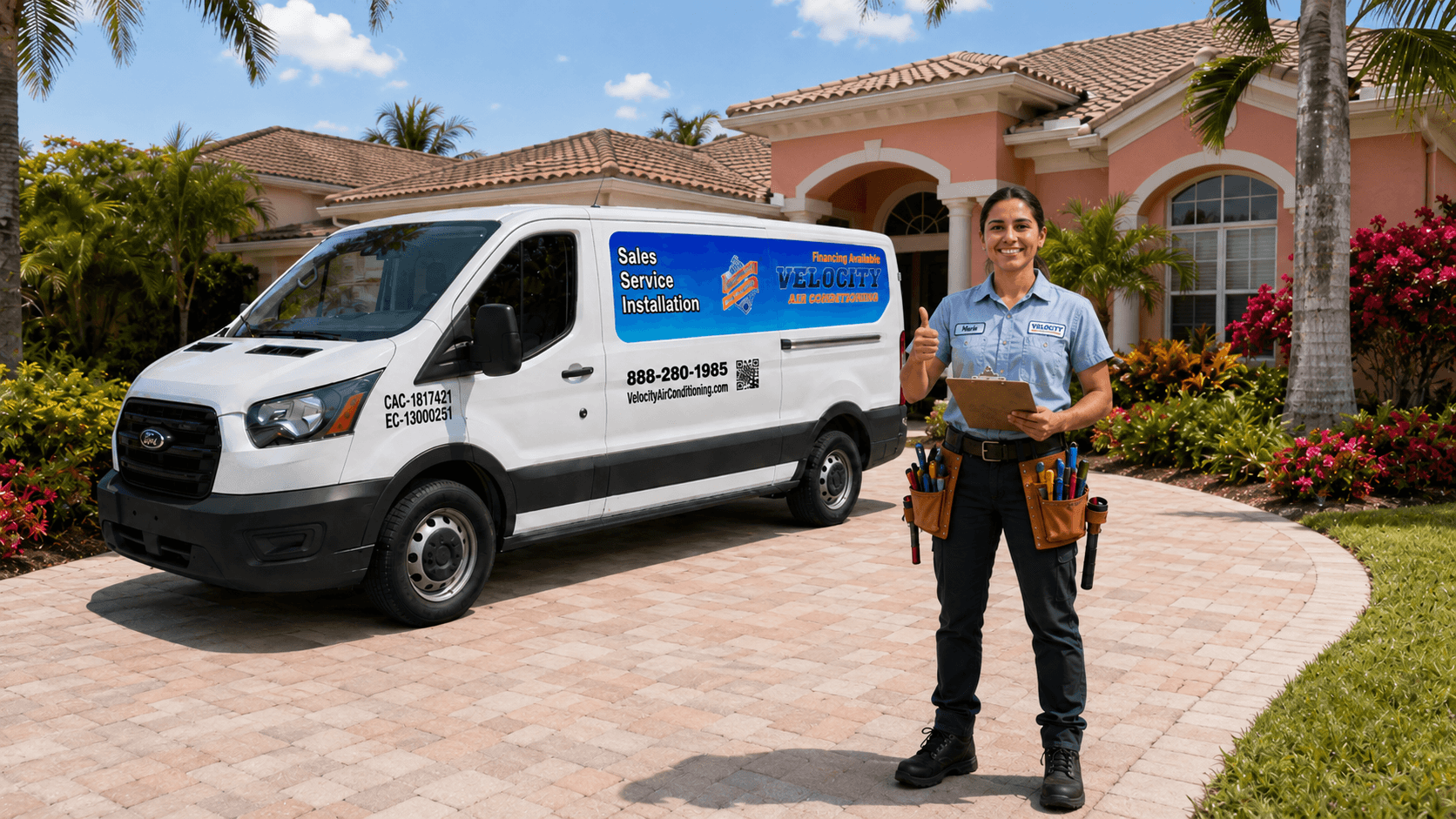 Velocity Air Conditioning technician inspecting a residential HVAC condenser in Lee County