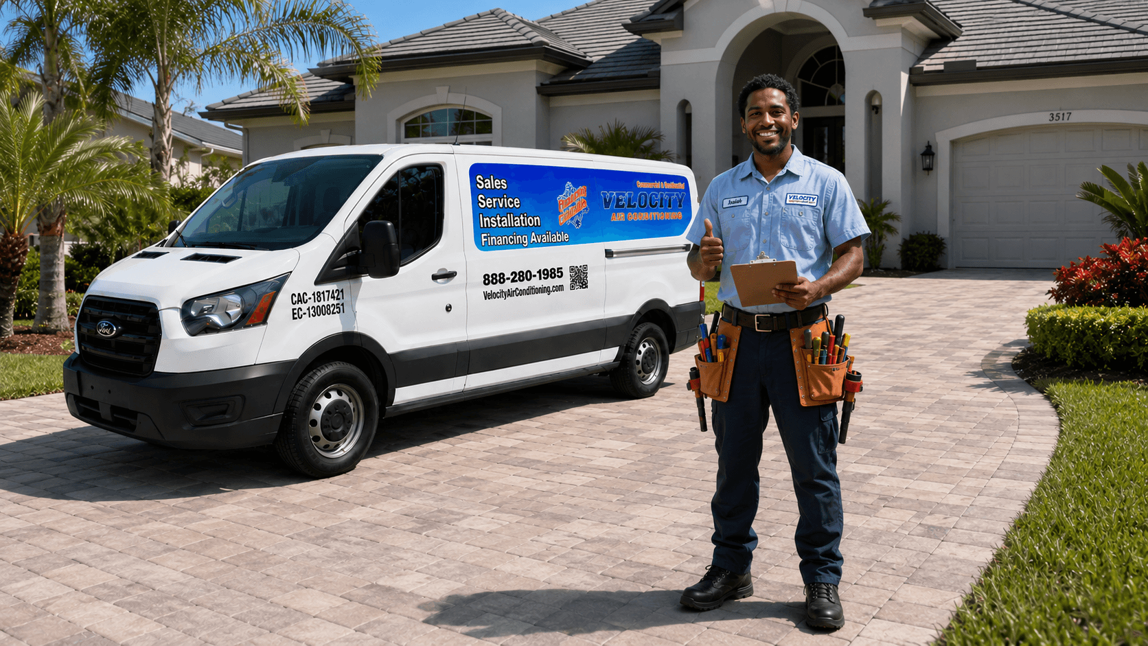 Velocity Air Conditioning technician inspecting a residential HVAC condenser in Hillsborough County