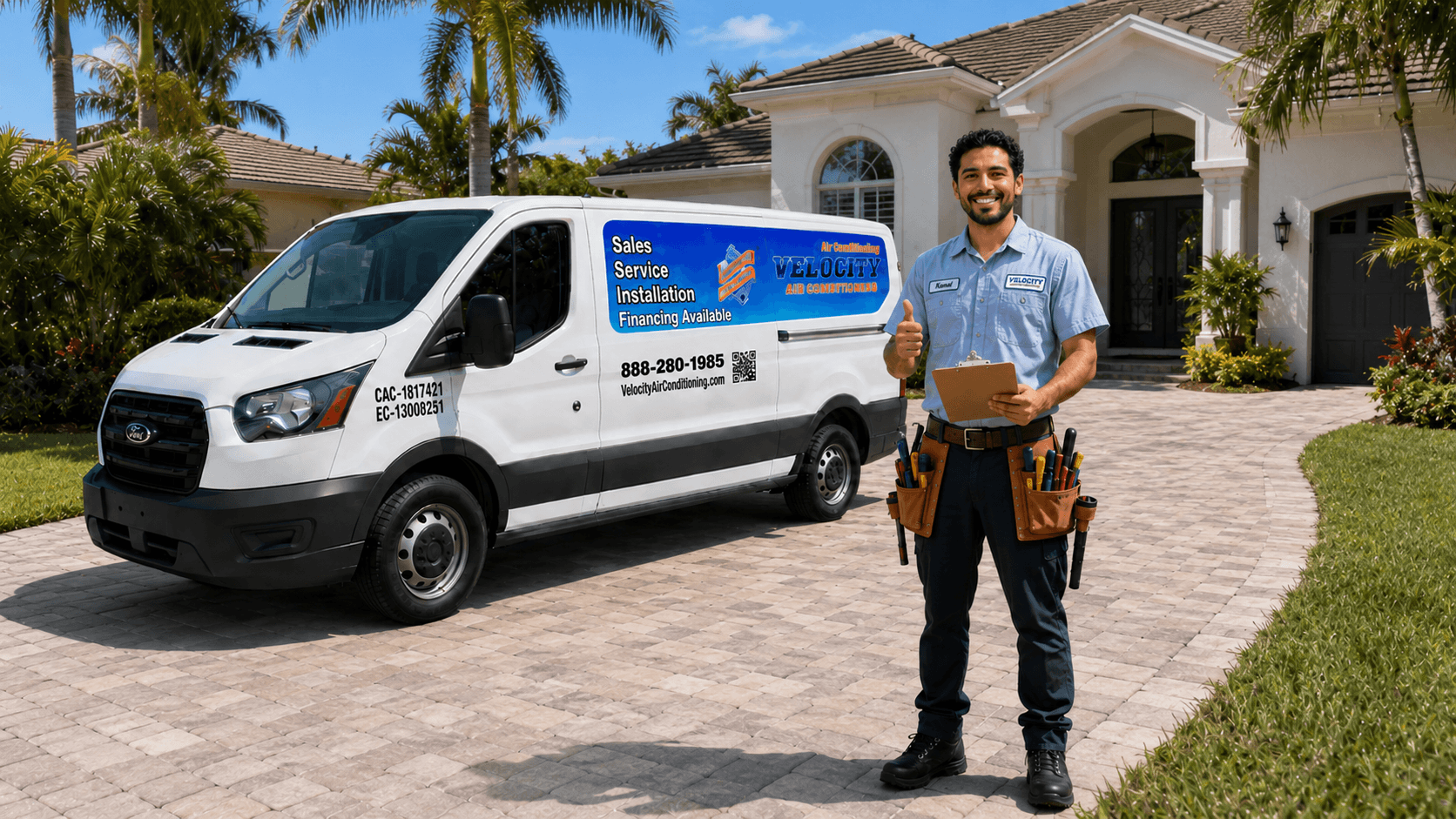 Velocity Air Conditioning technician inspecting HVAC equipment