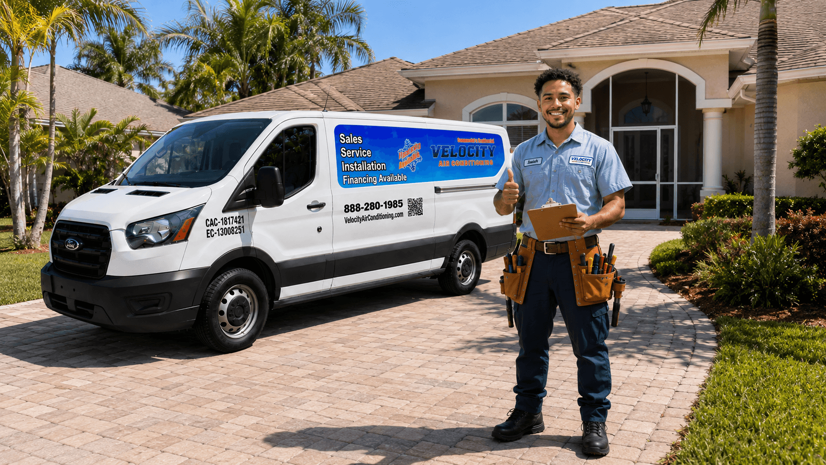 Velocity Air Conditioning technician inspecting a residential HVAC condenser in Sarasota County
