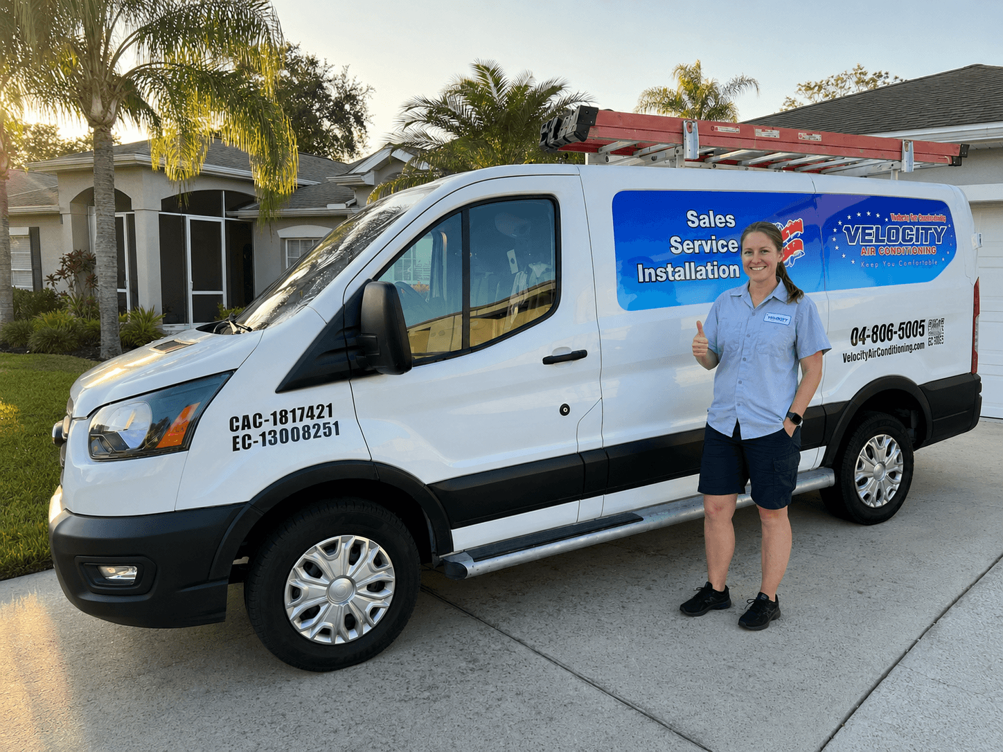 Velocity Air Conditioning technician inspecting a residential HVAC condenser in Pasco County