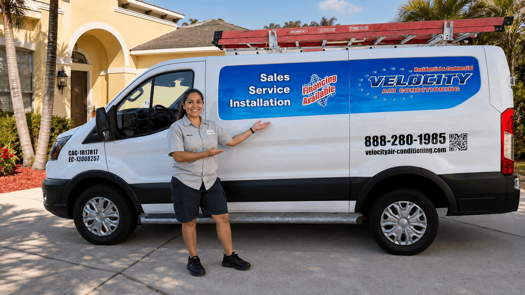 Velocity Air Conditioning technician inspecting a residential HVAC condenser in Hardee County